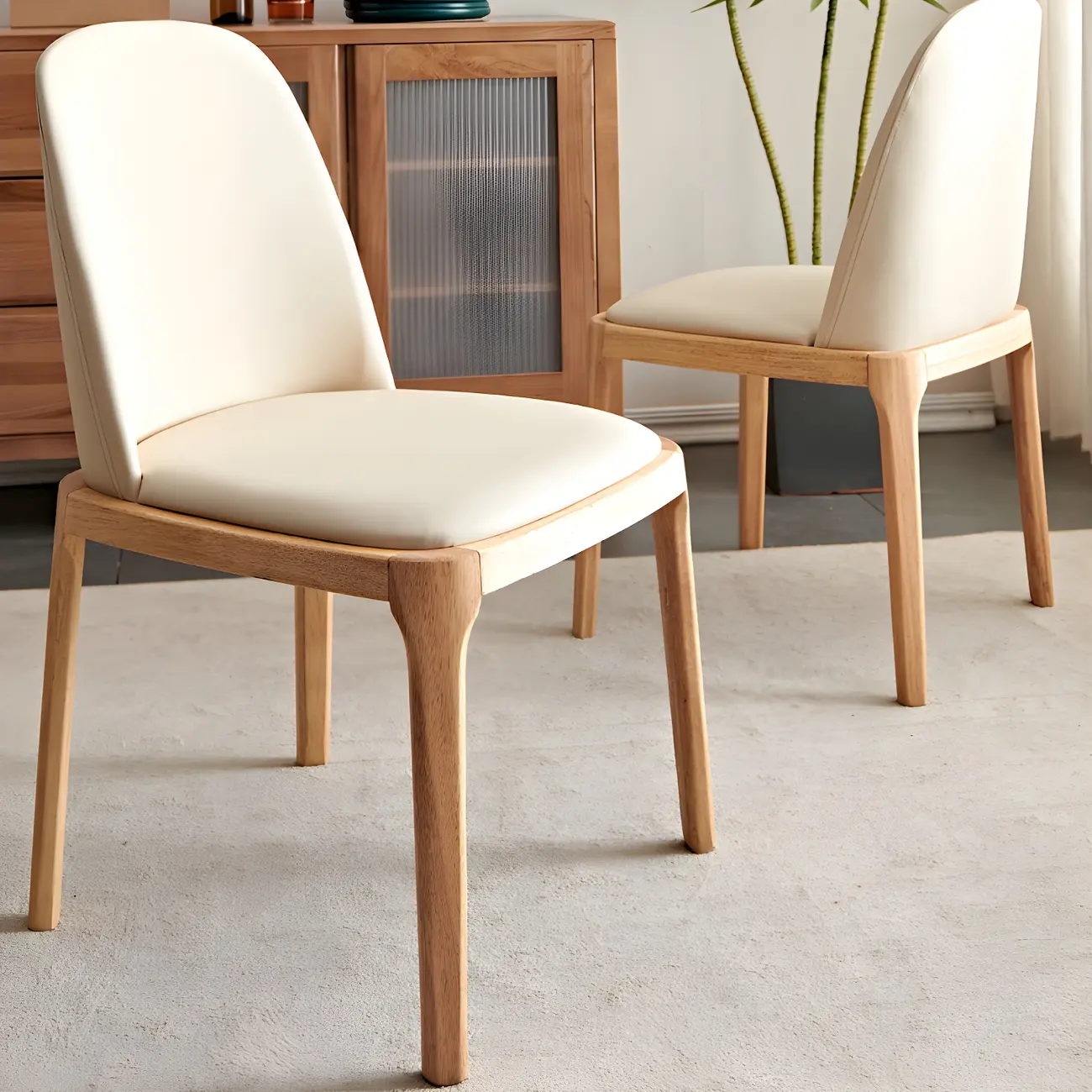 Cream Wood Faux Leather Solid Back Dining Chair Image - 12 | homeyfad