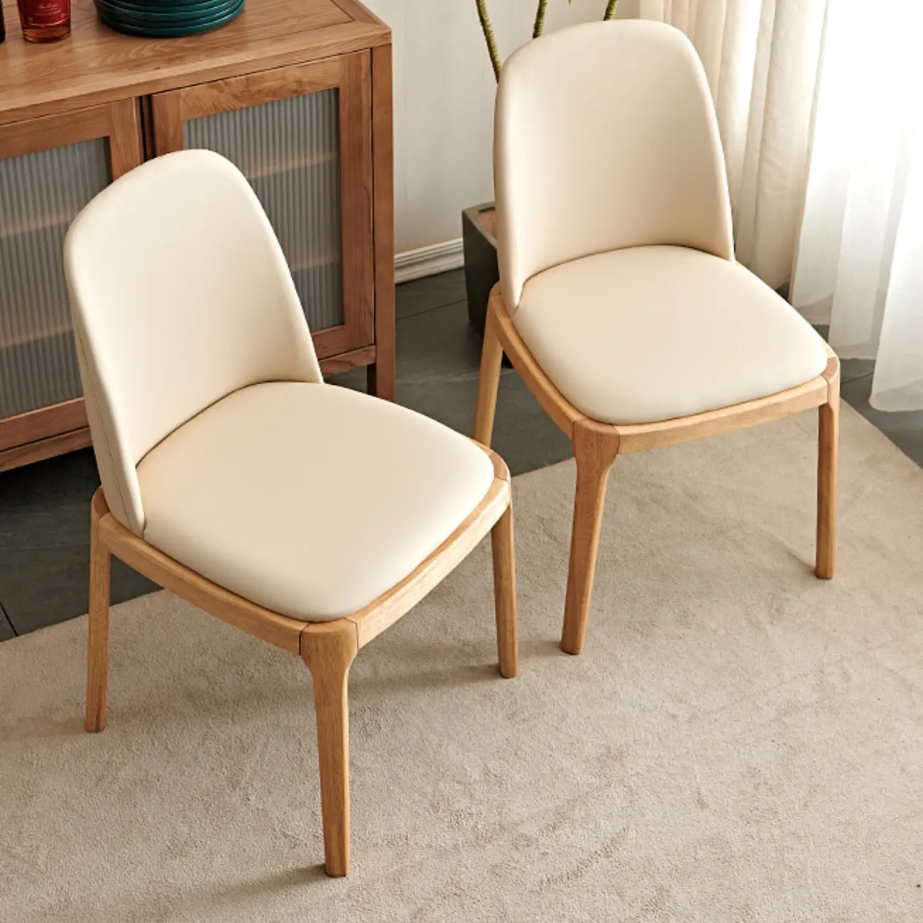 Cream Wood Faux Leather Solid Back Dining Chair Image - 13 | homeyfad