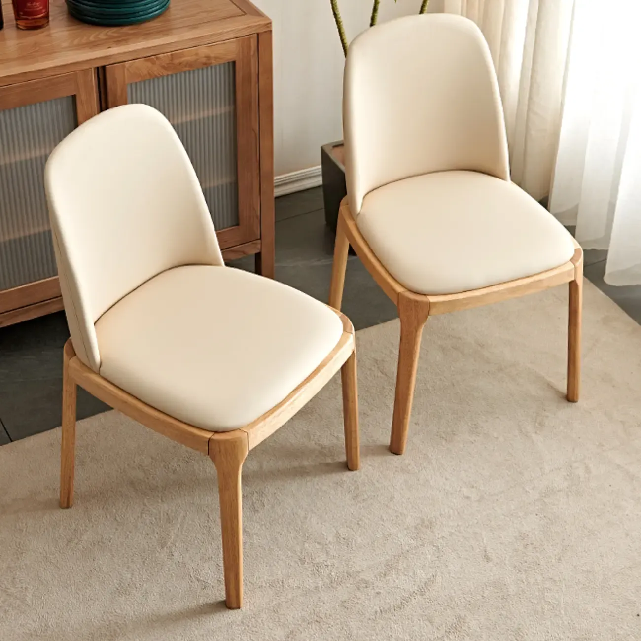 Cream Wood Faux Leather Solid Back Dining Chair Image - 13