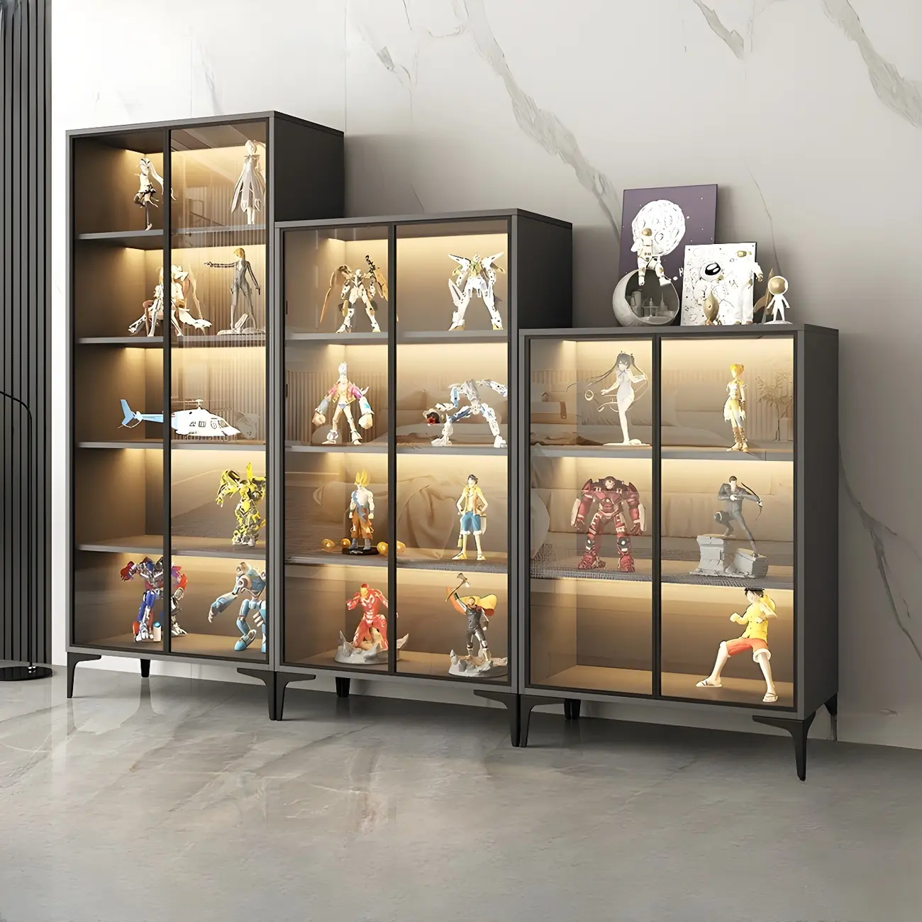 Freestanding Black Tempered Glass Wood Display Cabinet Image - 1 | homeyfad