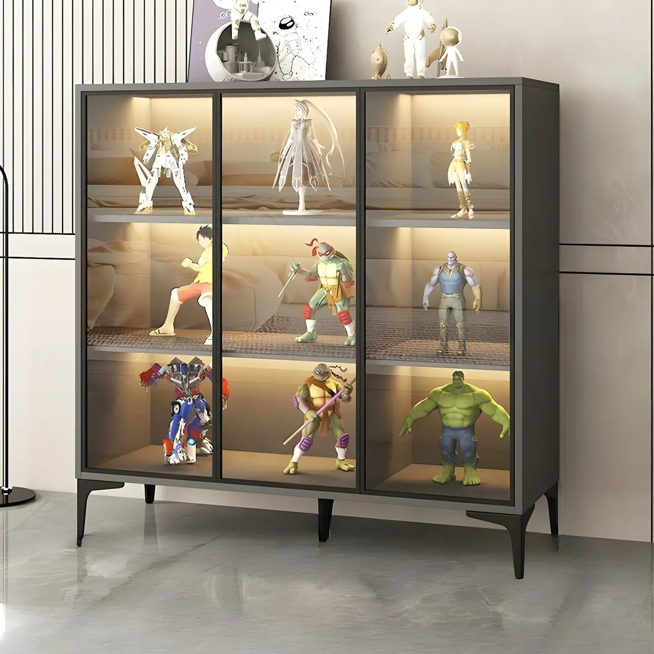 Freestanding Black Tempered Glass Wood Display Cabinet Image - 5 | homeyfad