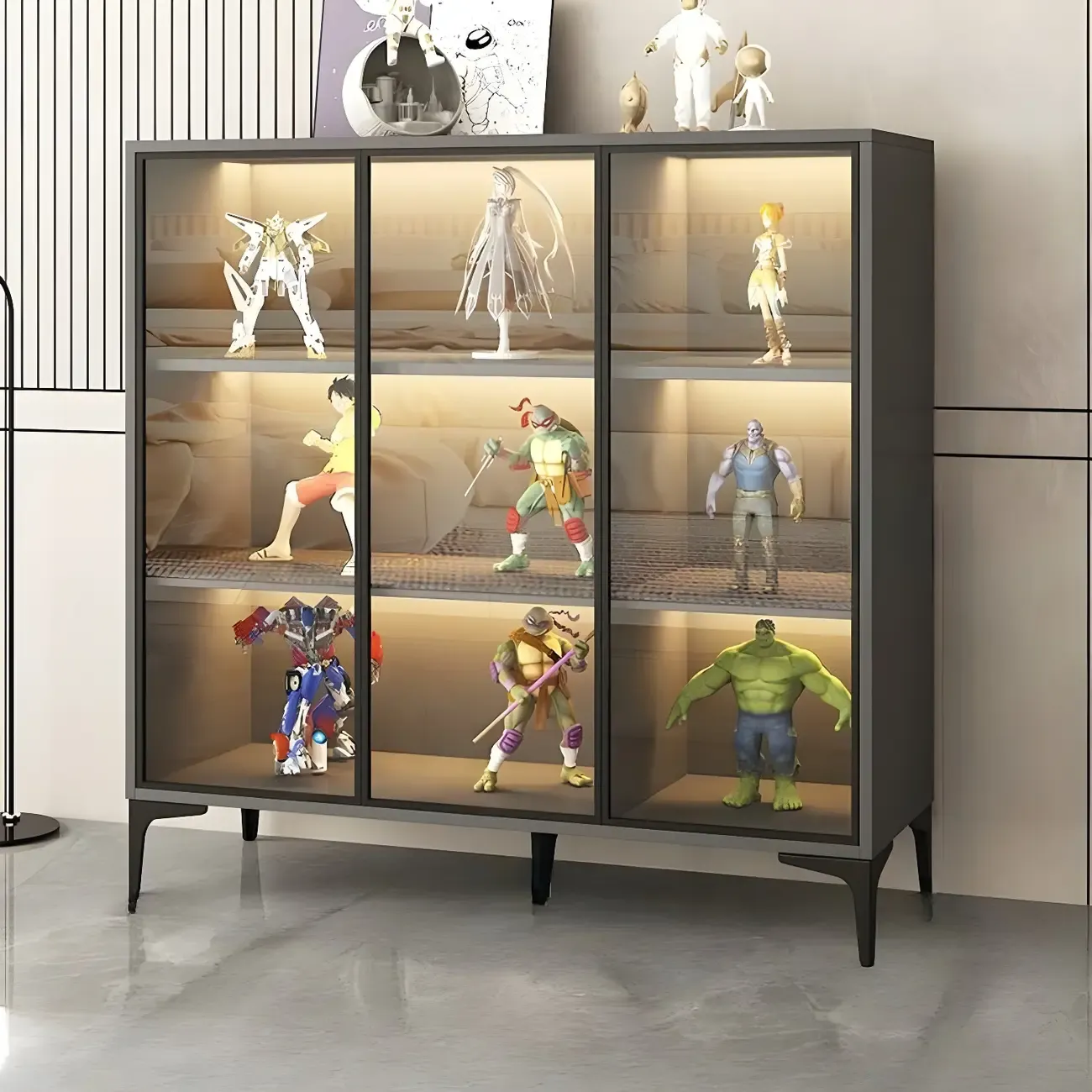 Freestanding Black Tempered Glass Wood Display Cabinet Image - 5