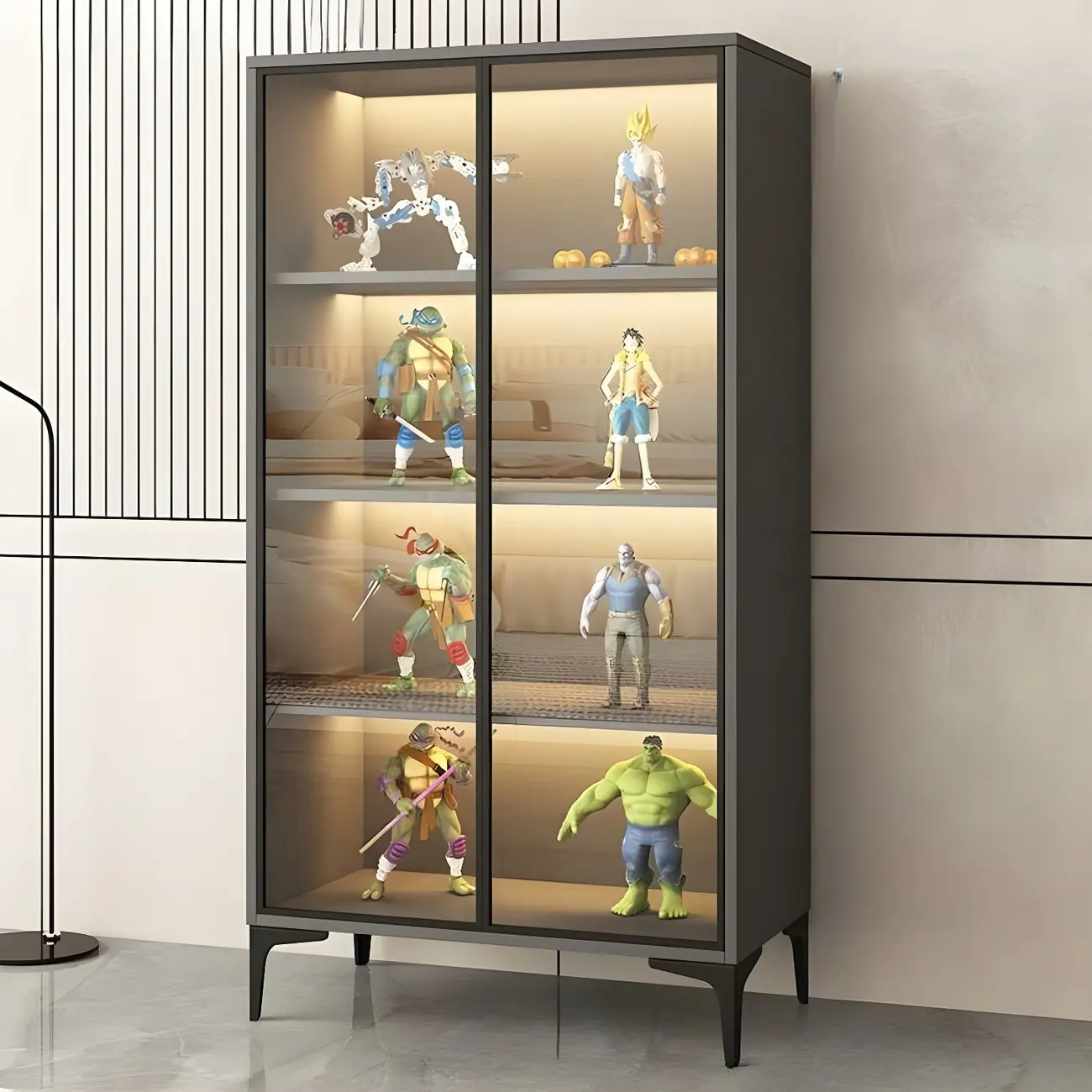 Freestanding Black Tempered Glass Wood Display Cabinet Image - 10 | homeyfad