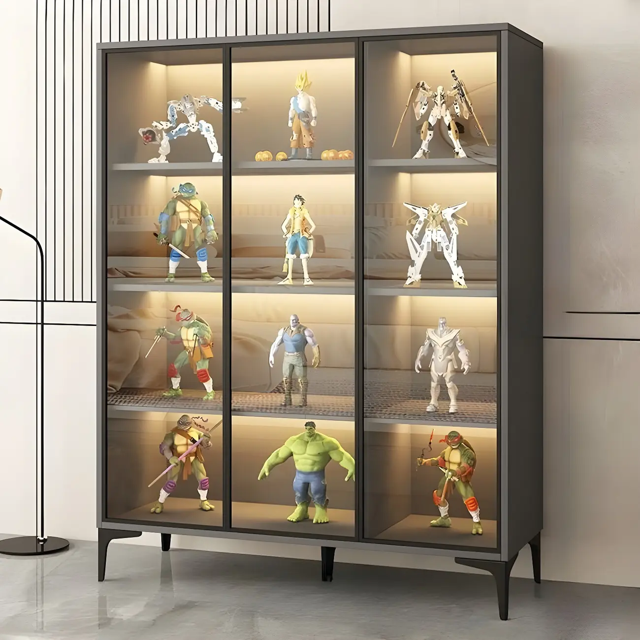 Freestanding Black Tempered Glass Wood Display Cabinet Image - 11 | homeyfad