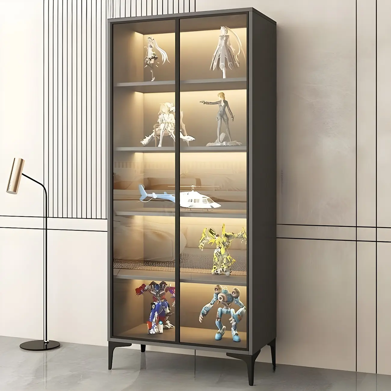 Freestanding Black Tempered Glass Wood Display Cabinet Image - 15 | homeyfad