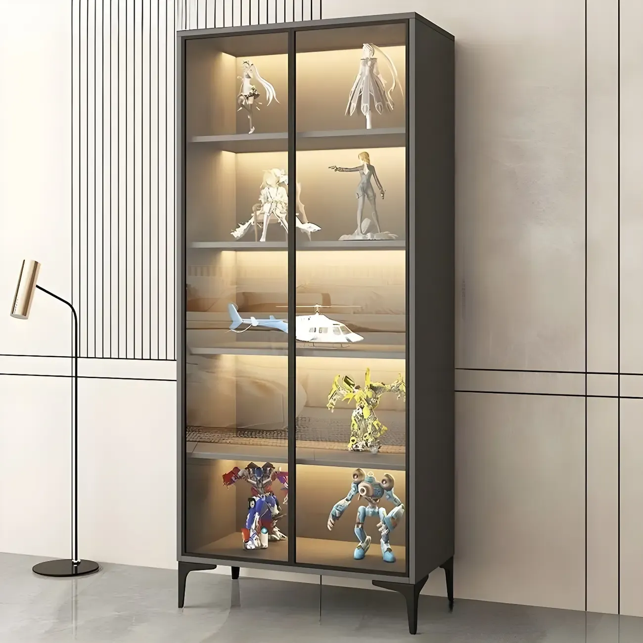 Freestanding Black Tempered Glass Wood Display Cabinet Image - 15