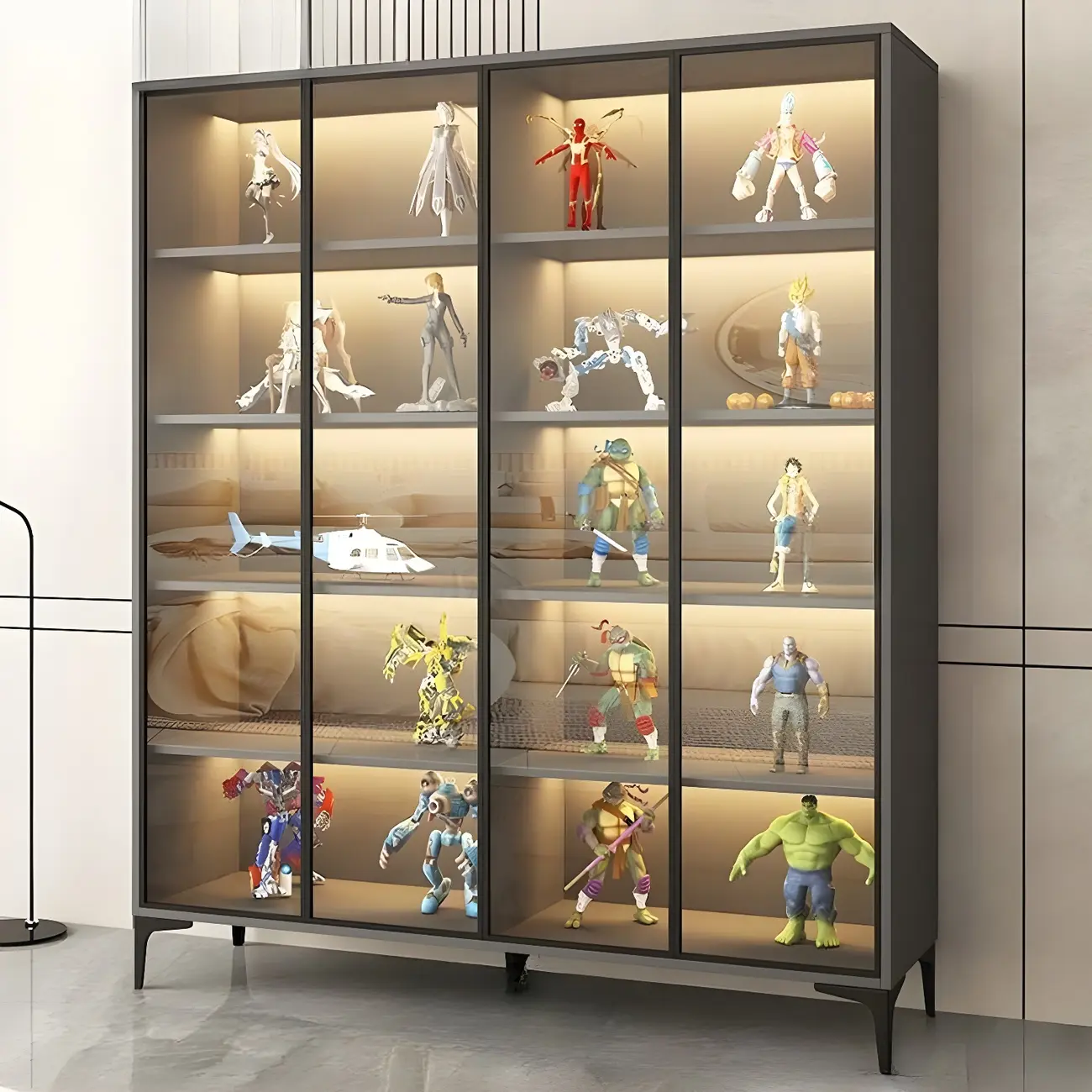 Freestanding Black Tempered Glass Wood Display Cabinet Image - 17 | homeyfad