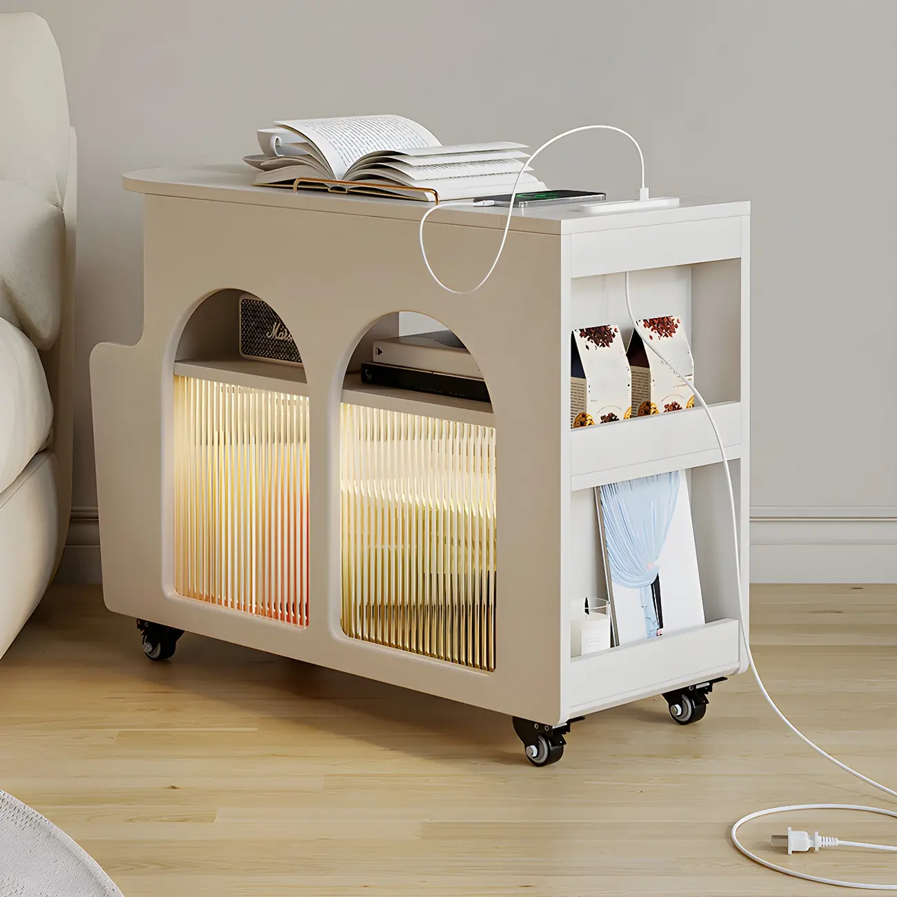 White Wooden Flip-Top storage side Table on Wheels