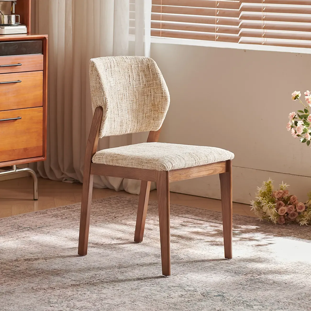 Mid Century Modern Wood Fabric Dining Chair Upholstery Image - 2