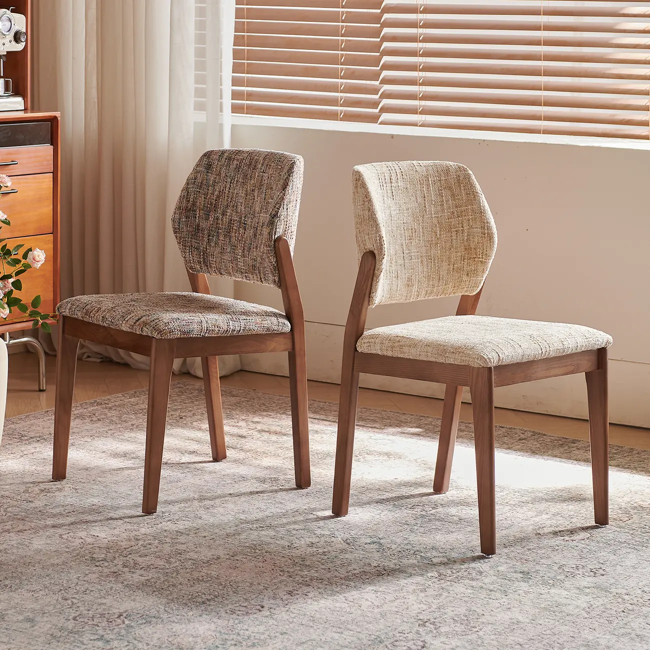 Mid Century Modern Wood Fabric Dining Chair Upholstery Image - 1 | homeyfad