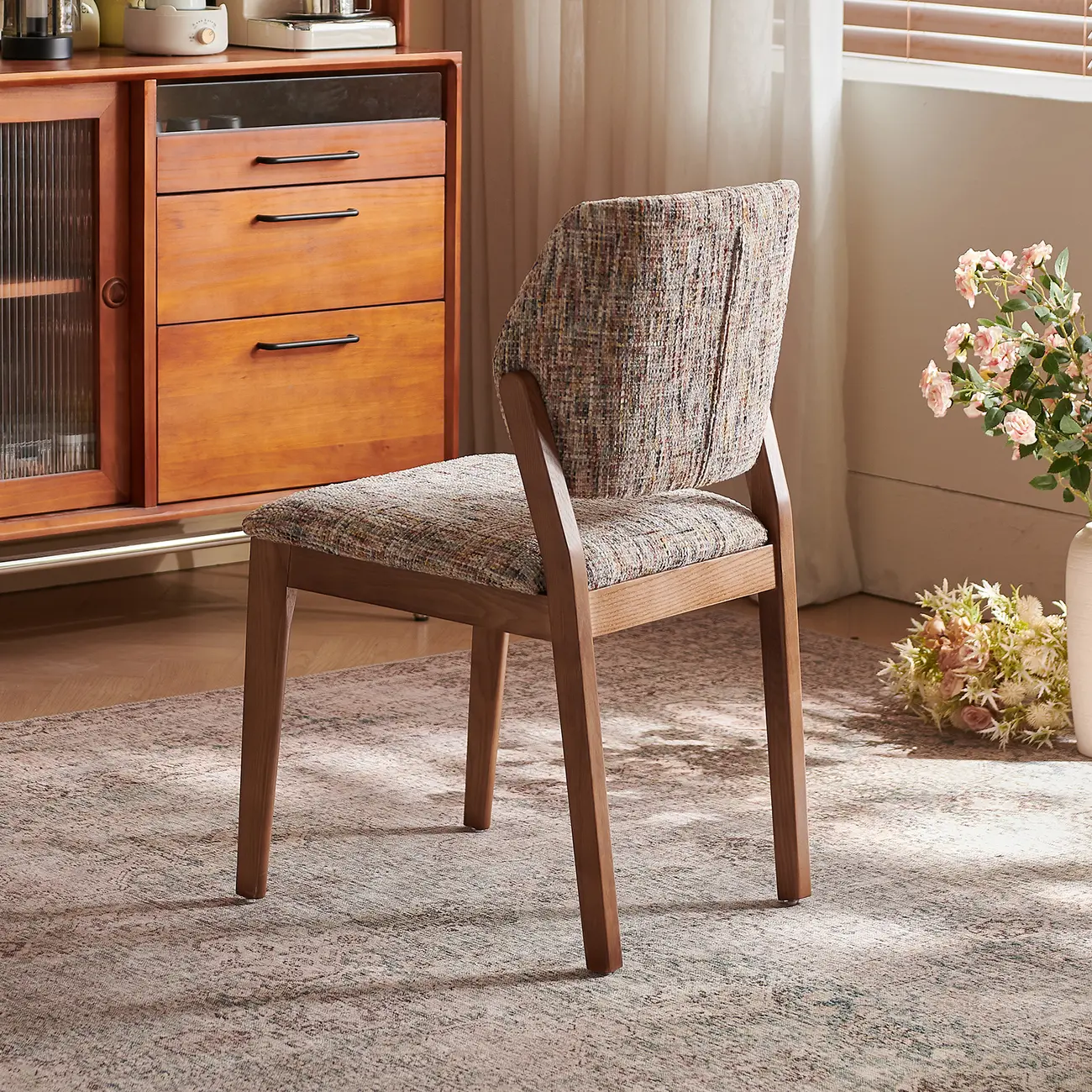 Mid Century Modern Wood Fabric Dining Chair Upholstery Image - 4 | homeyfad