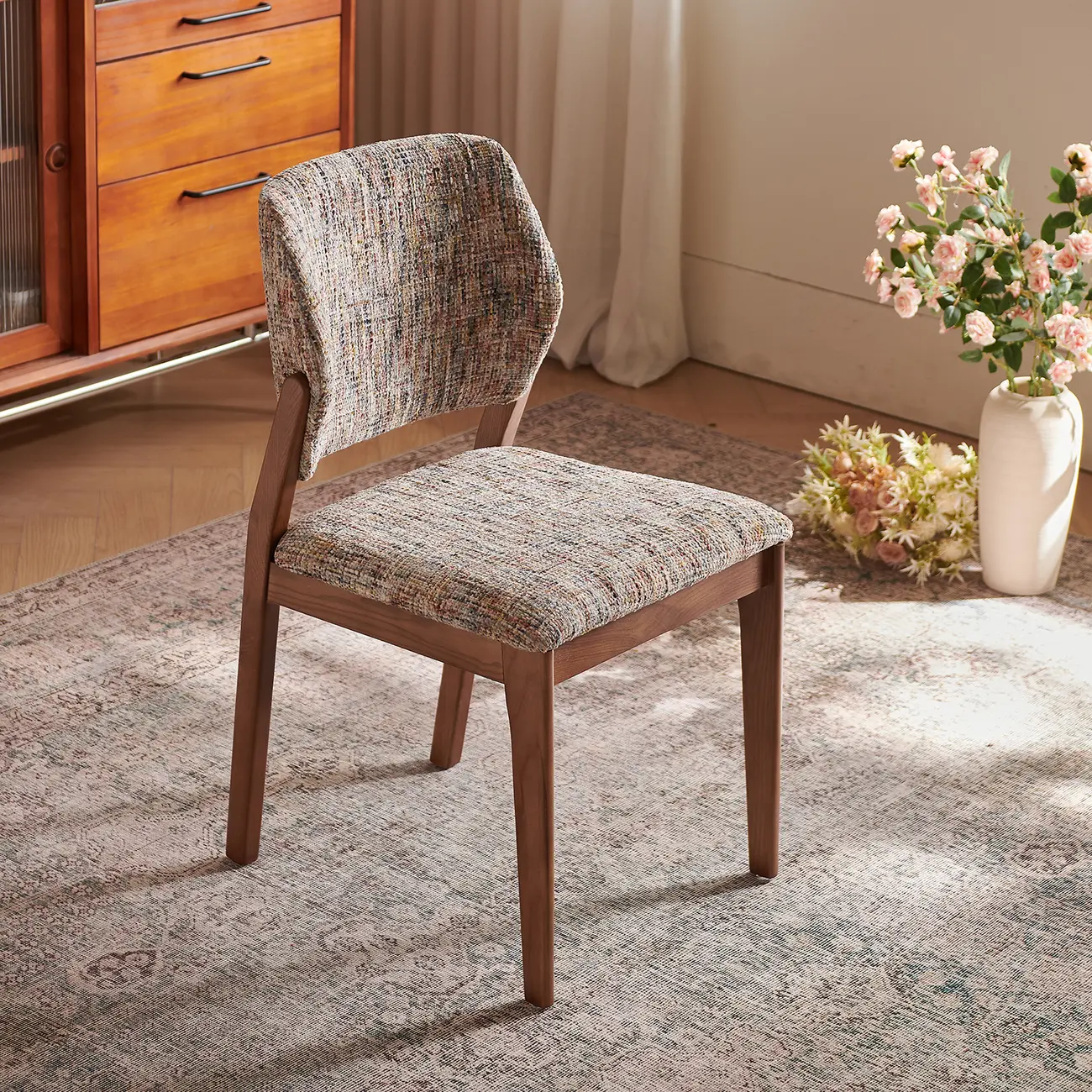 Mid Century Modern Wood Fabric Dining Chair Upholstery Image - 3 | homeyfad