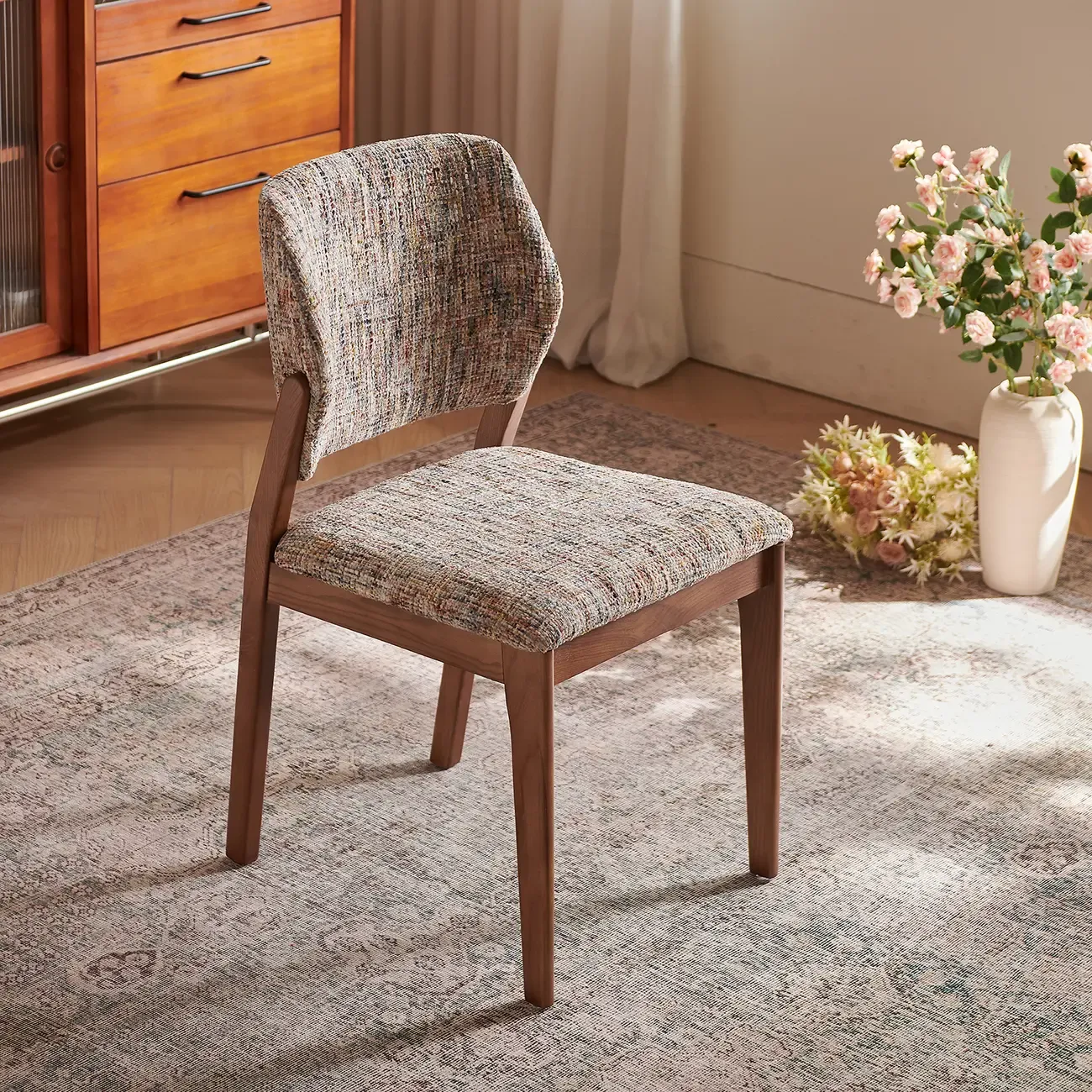 Mid Century Modern Wood Fabric Dining Chair Upholstery Image - 3