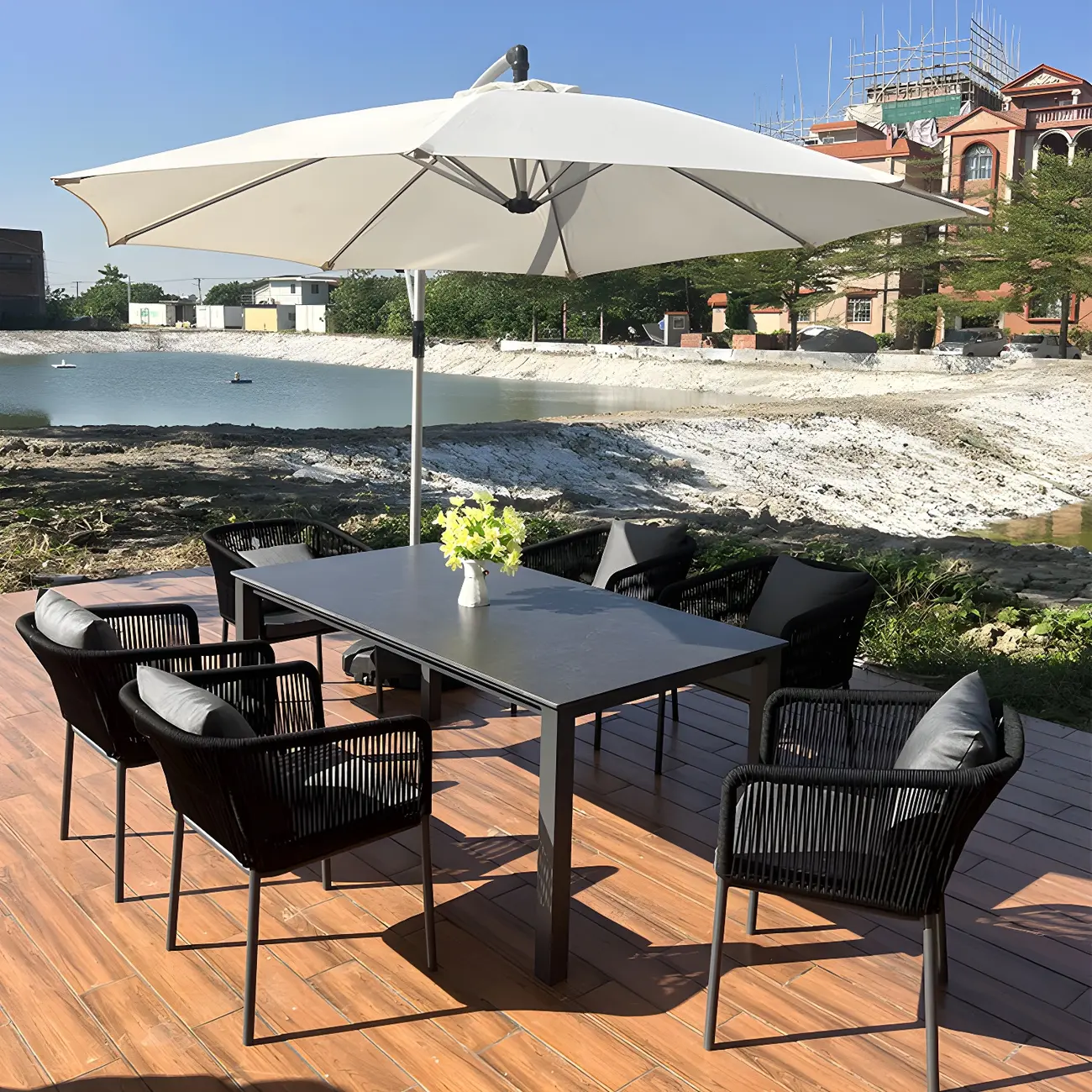 7 Piece Black Rectangular Metal Stone Outdoor Dining Set Image - 1 | homeyfad