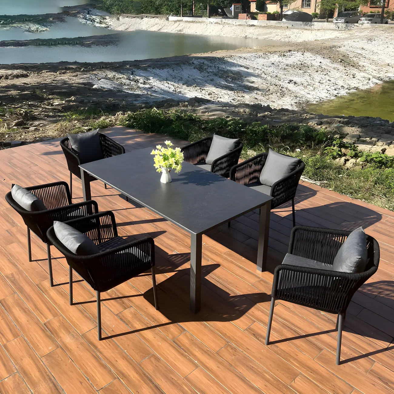 7 Piece Black Rectangular Metal Stone Outdoor Dining Set Image - 2 | homeyfad