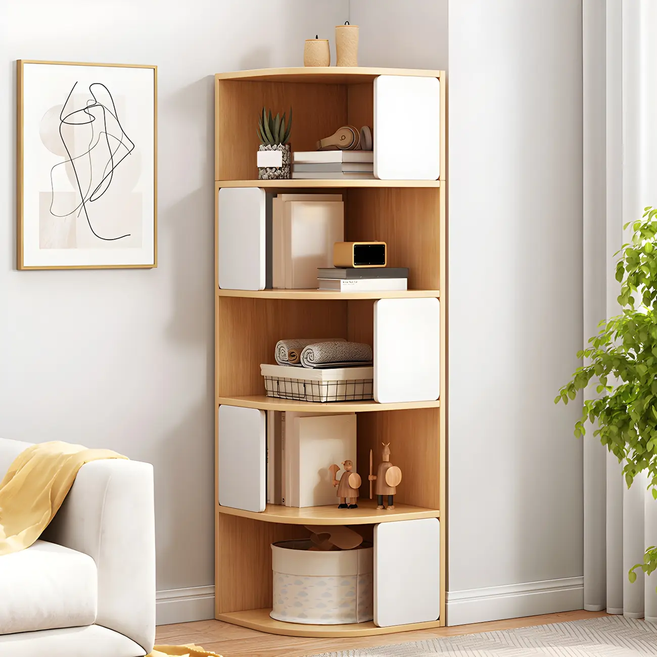 Narrow Modern 5-Tier Wood Brown Corner Bookcase Image - 1 | homeyfad