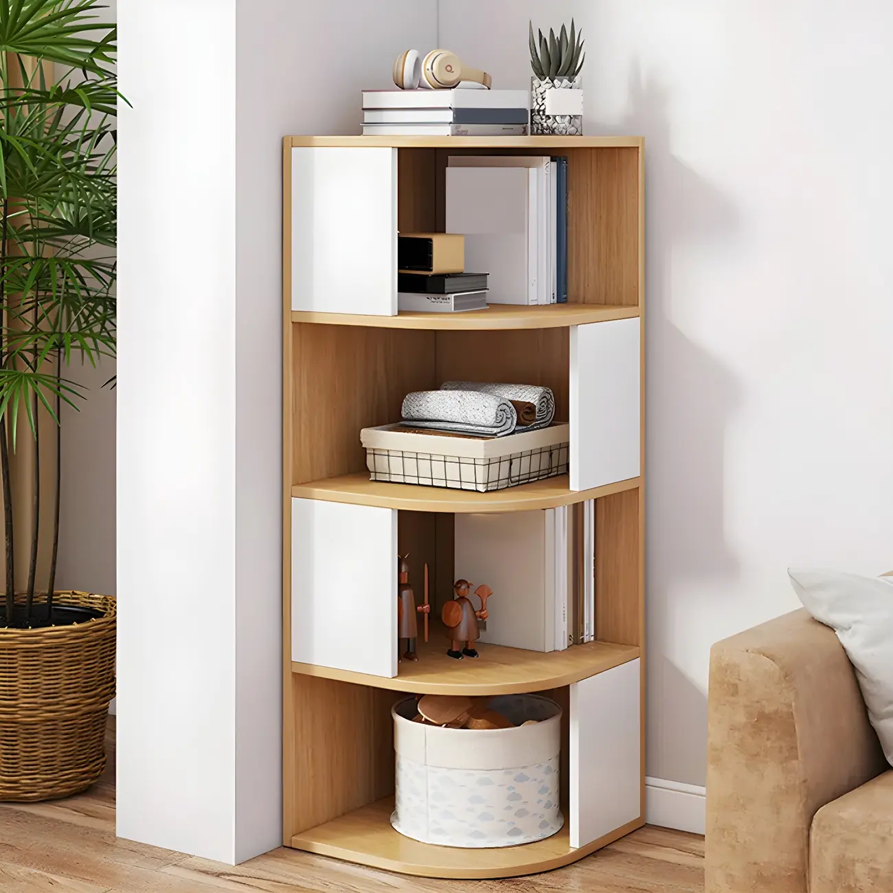 Narrow Modern 5-Tier Wood Brown Corner Bookcase Image - 2 | homeyfad