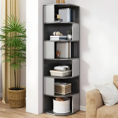 Narrow Modern 5-Tier Wood Brown Corner Bookcase Image - 3