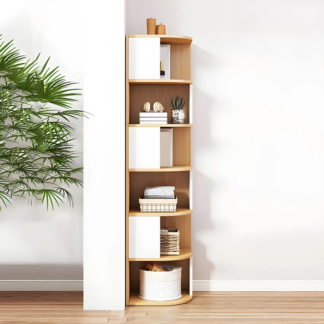 Narrow Modern 5-Tier Wood Brown Corner Bookcase Image - 4