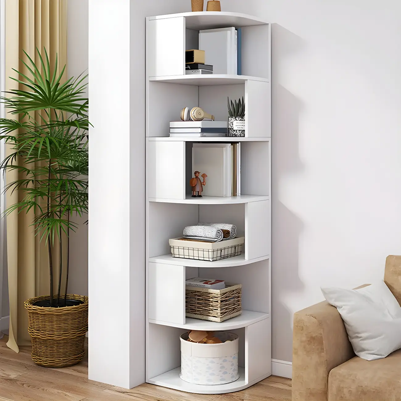 Narrow Modern 5-Tier Wood Brown Corner Bookcase Image - 5 | homeyfad