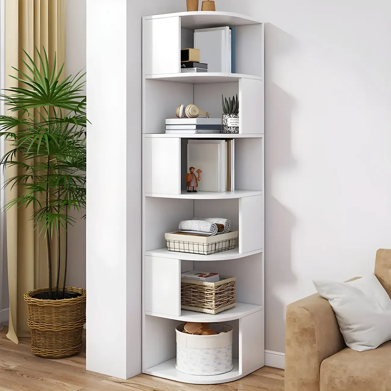 Narrow Modern 5-Tier Wood Brown Corner Bookcase Image - 5