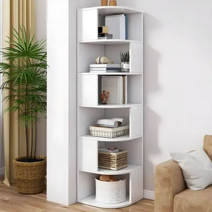 Narrow Modern 5-Tier Wood Brown Corner Bookcase Image - 5