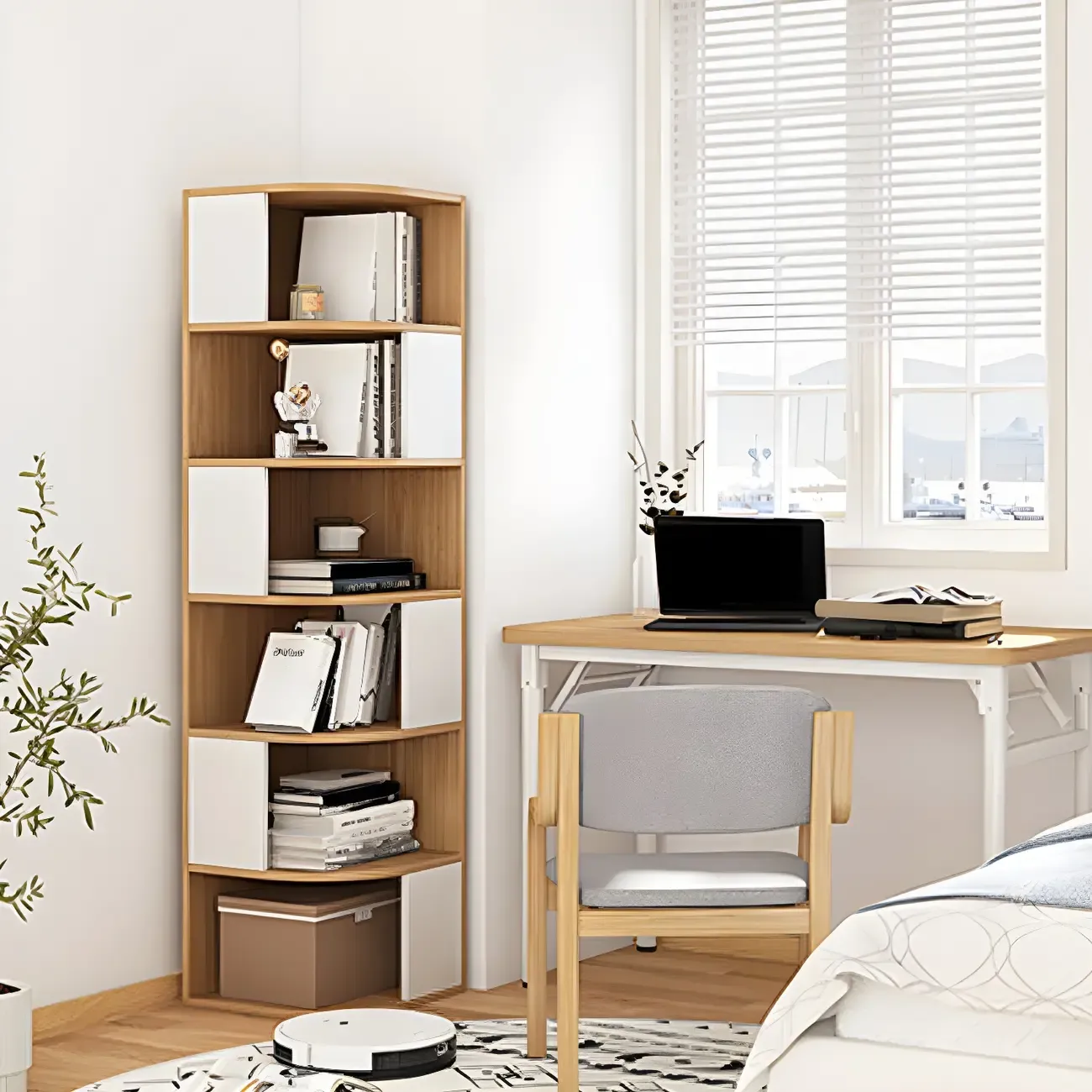 Narrow Modern 5-Tier Wood Brown Corner Bookcase Image - 6