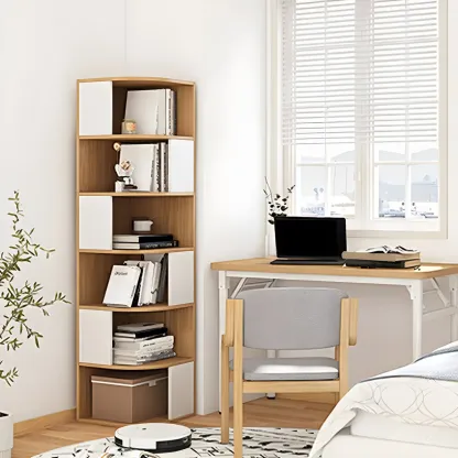 Narrow Modern 5-Tier Wood Brown Corner Bookcase Image - 6