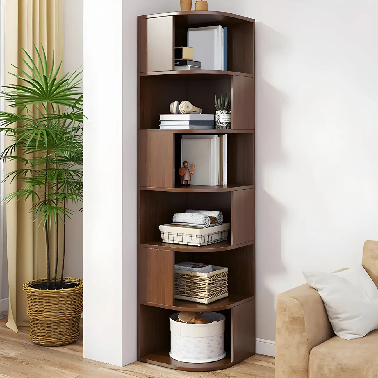 Narrow Modern 5-Tier Wood Brown Corner Bookcase Image - 7 | homeyfad