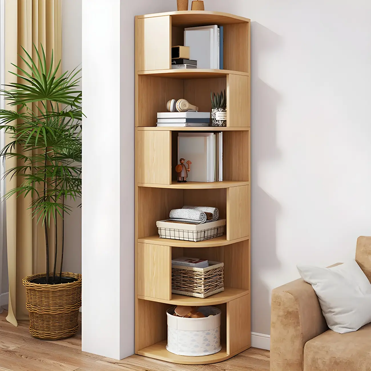 Narrow Modern 5-Tier Wood Brown Corner Bookcase Image - 9 | homeyfad