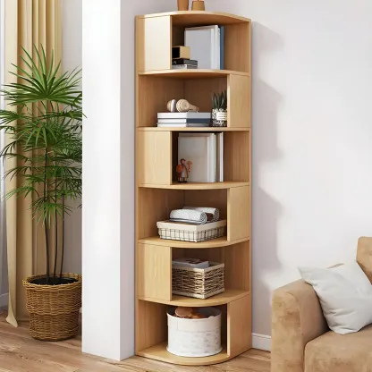 Narrow Modern 5-Tier Wood Brown Corner Bookcase Image - 9