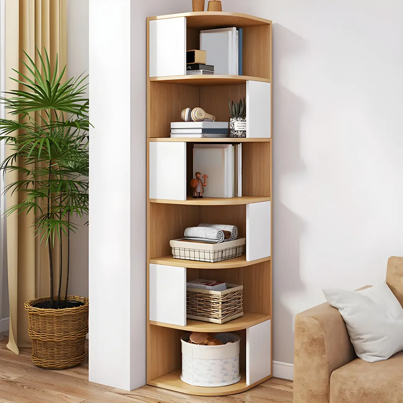 Narrow Modern 5-Tier Wood Brown Corner Bookcase Image - 11 | homeyfad