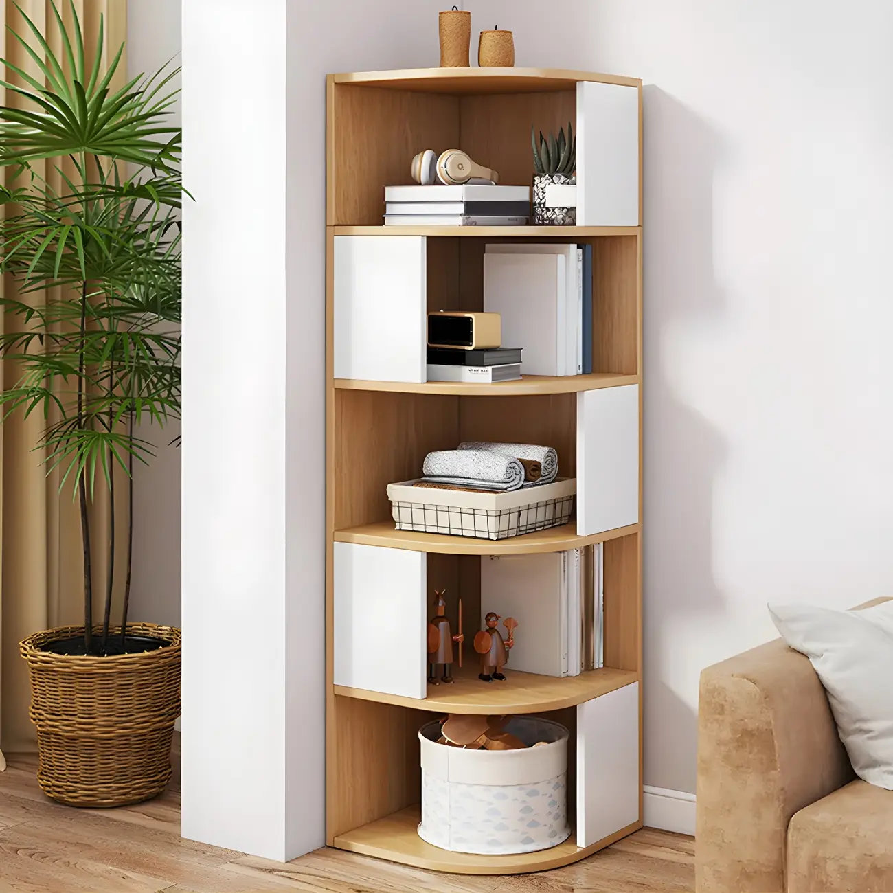 Narrow Modern 5-Tier Wood Brown Corner Bookcase Image - 13 | homeyfad