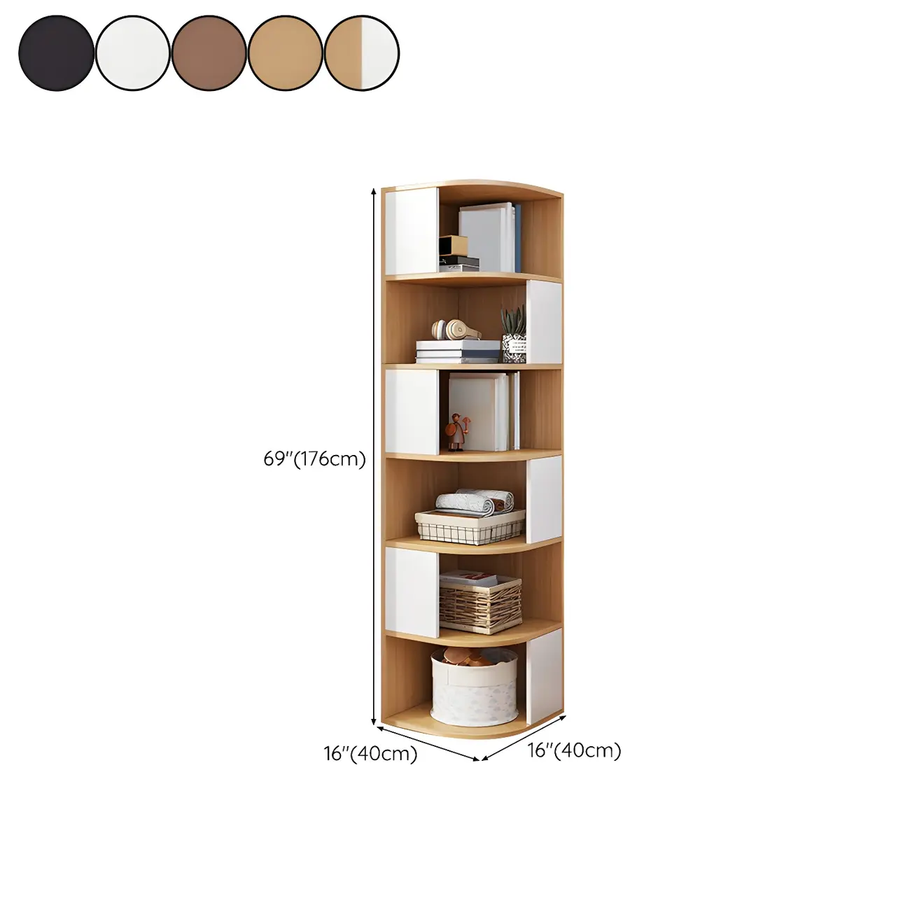 Narrow Modern 5-Tier Wood Brown Corner Bookcase #size | homeyfad