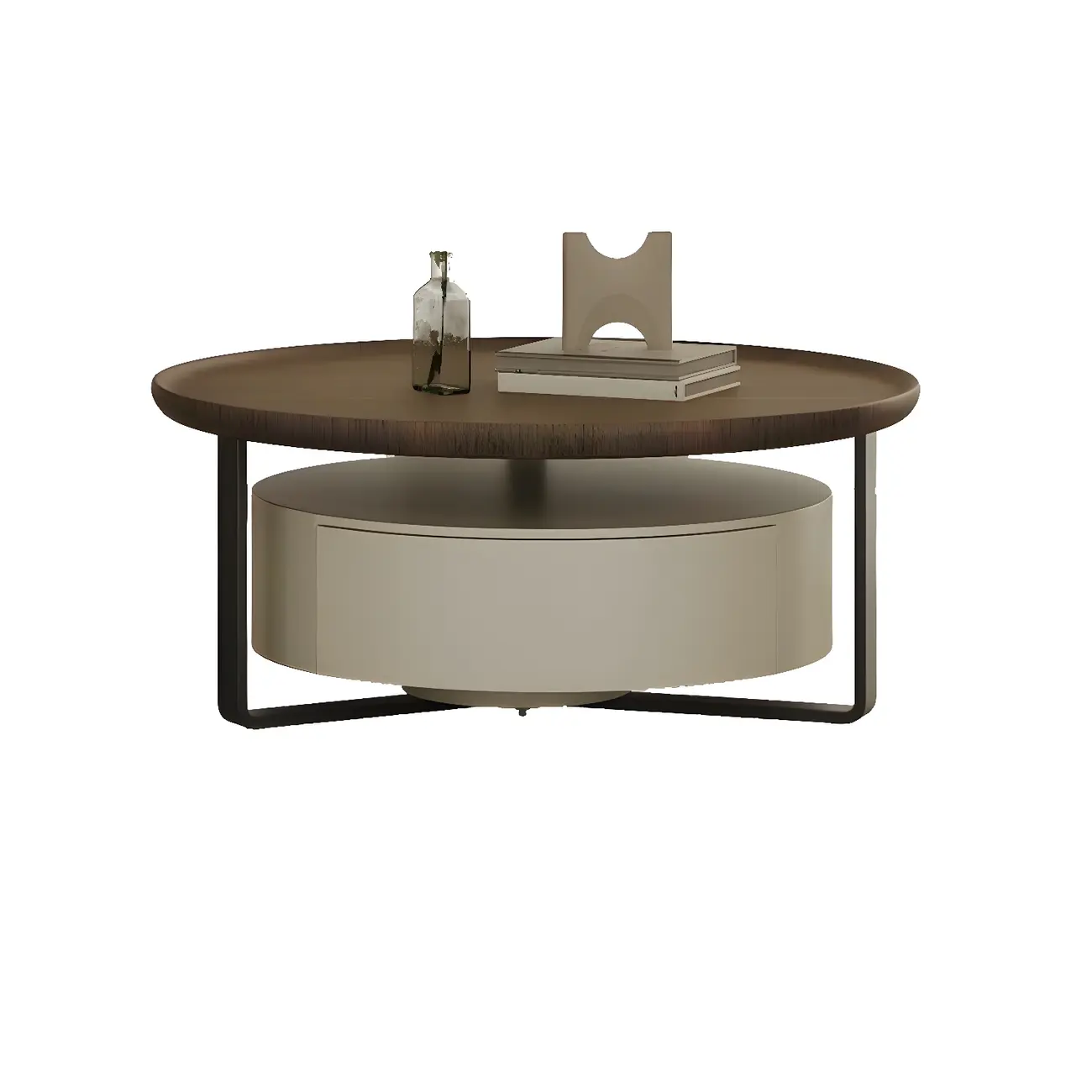 Modern Brown Wood Glass Round Coffee Table with Storage Image - 11 | homeyfad