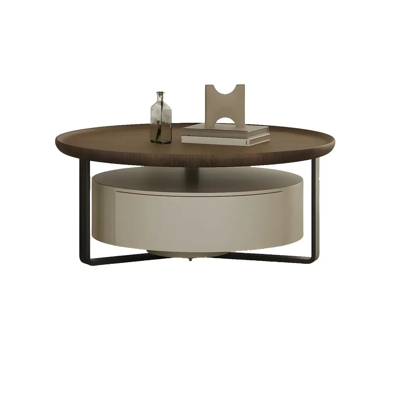 Modern Brown Wood Glass Round Coffee Table with Storage Image - 11