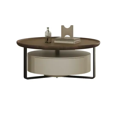 Modern Brown Wood Glass Round Coffee Table with Storage Image - 11