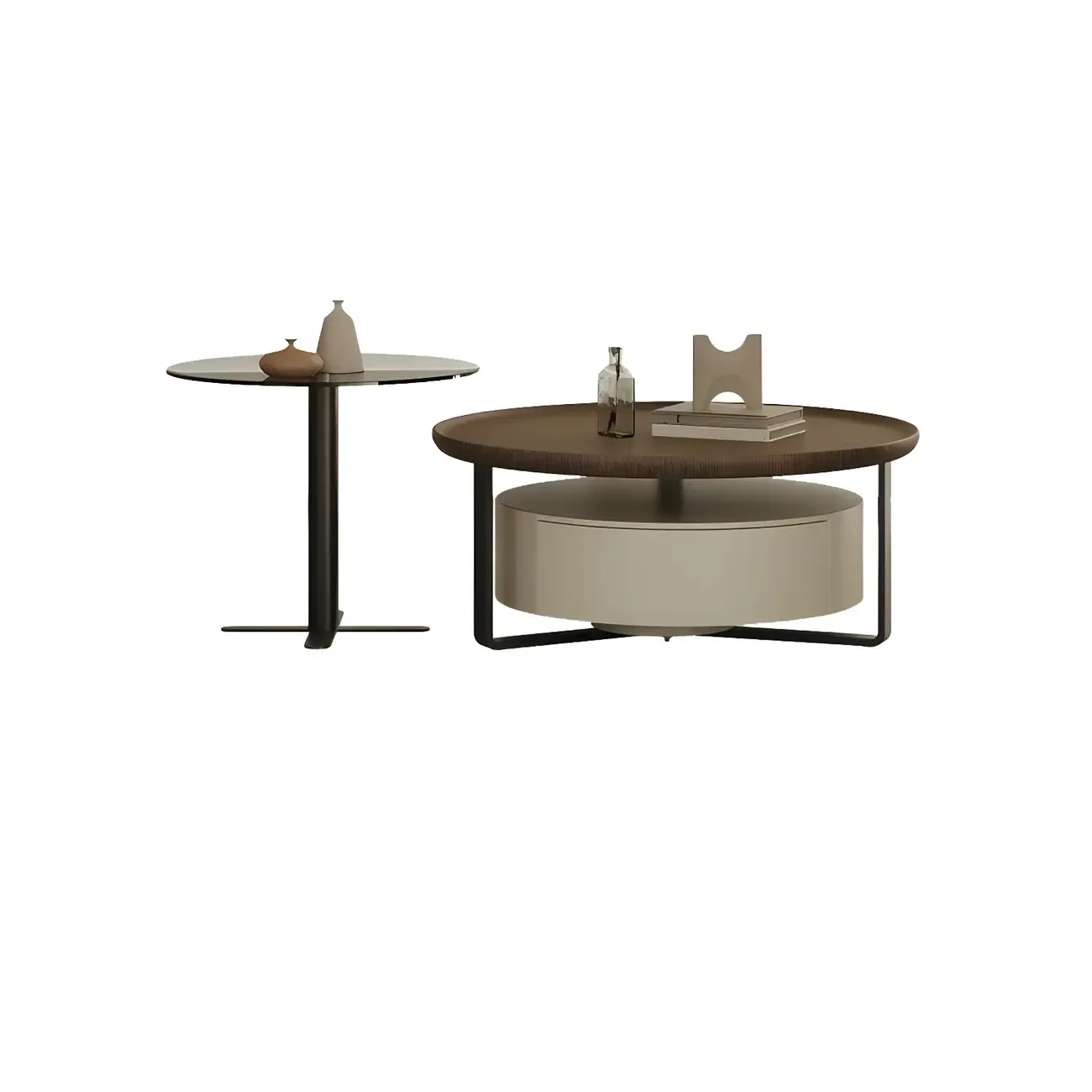 Modern Brown Wood Glass Round Coffee Table with Storage Image - 12