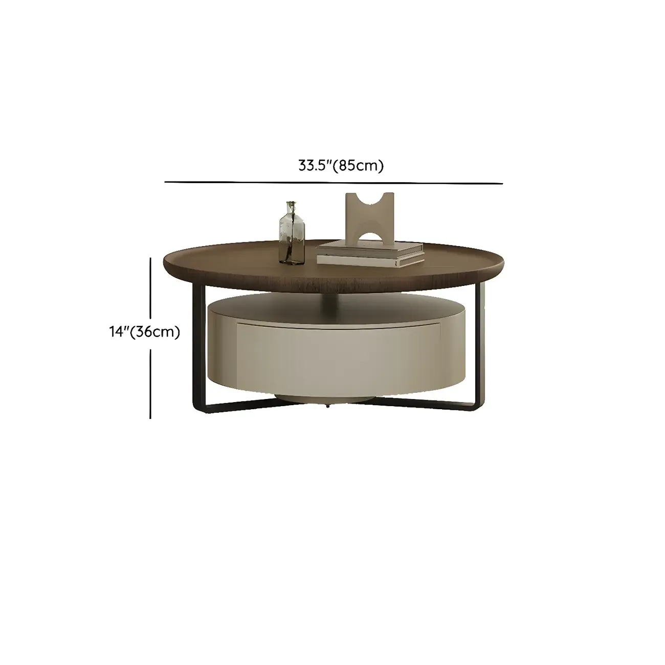 Modern Brown Wood Glass Round Coffee Table with Storage #size