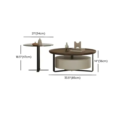 Modern Brown Wood Glass Round Coffee Table with Storage Image - 14