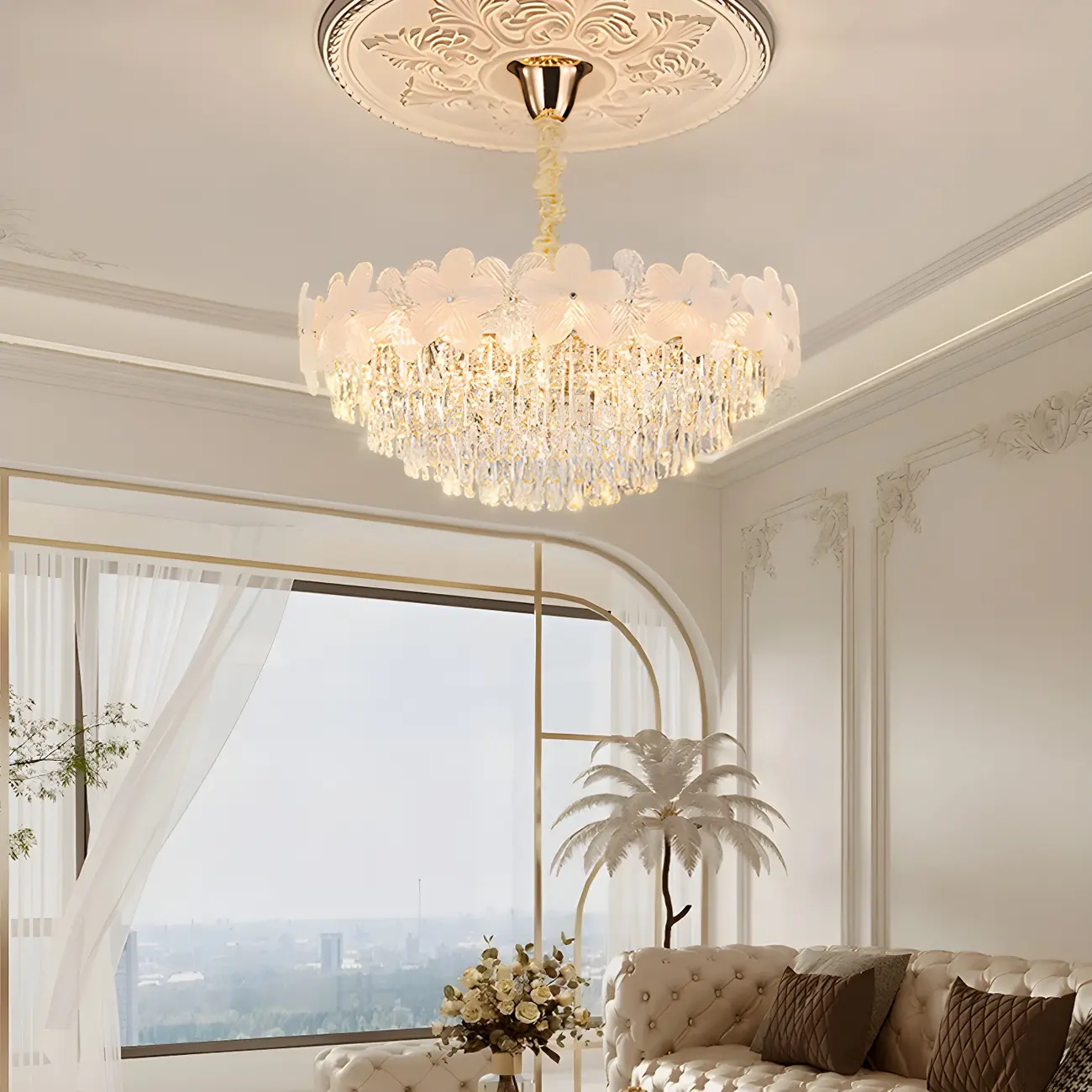Golden Flower Crystal Chandelier Elegant LED for Living Room Image - 2 | homeyfad