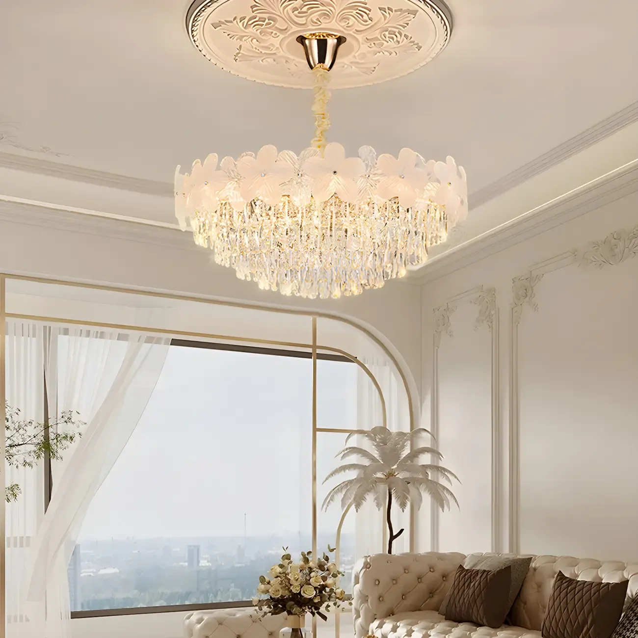 Golden Flower Crystal Chandelier Elegant LED for Living Room Image - 2