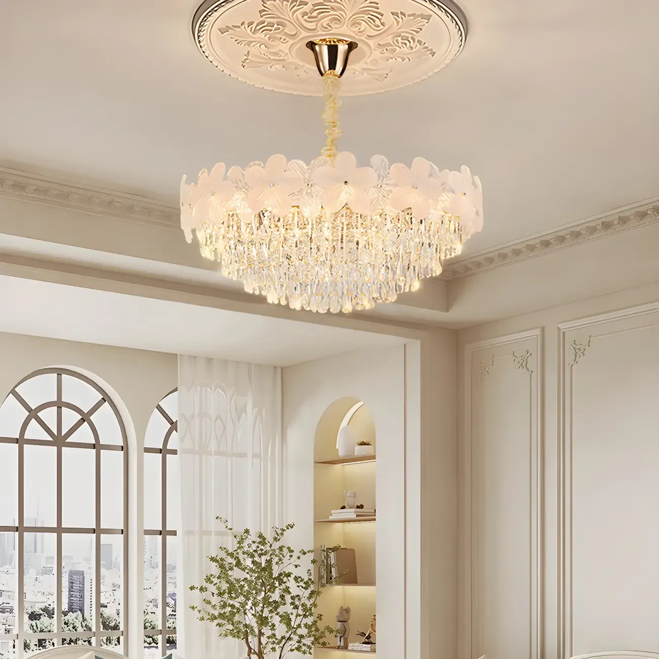 Golden Flower Crystal Chandelier Elegant LED for Living Room Image - 4