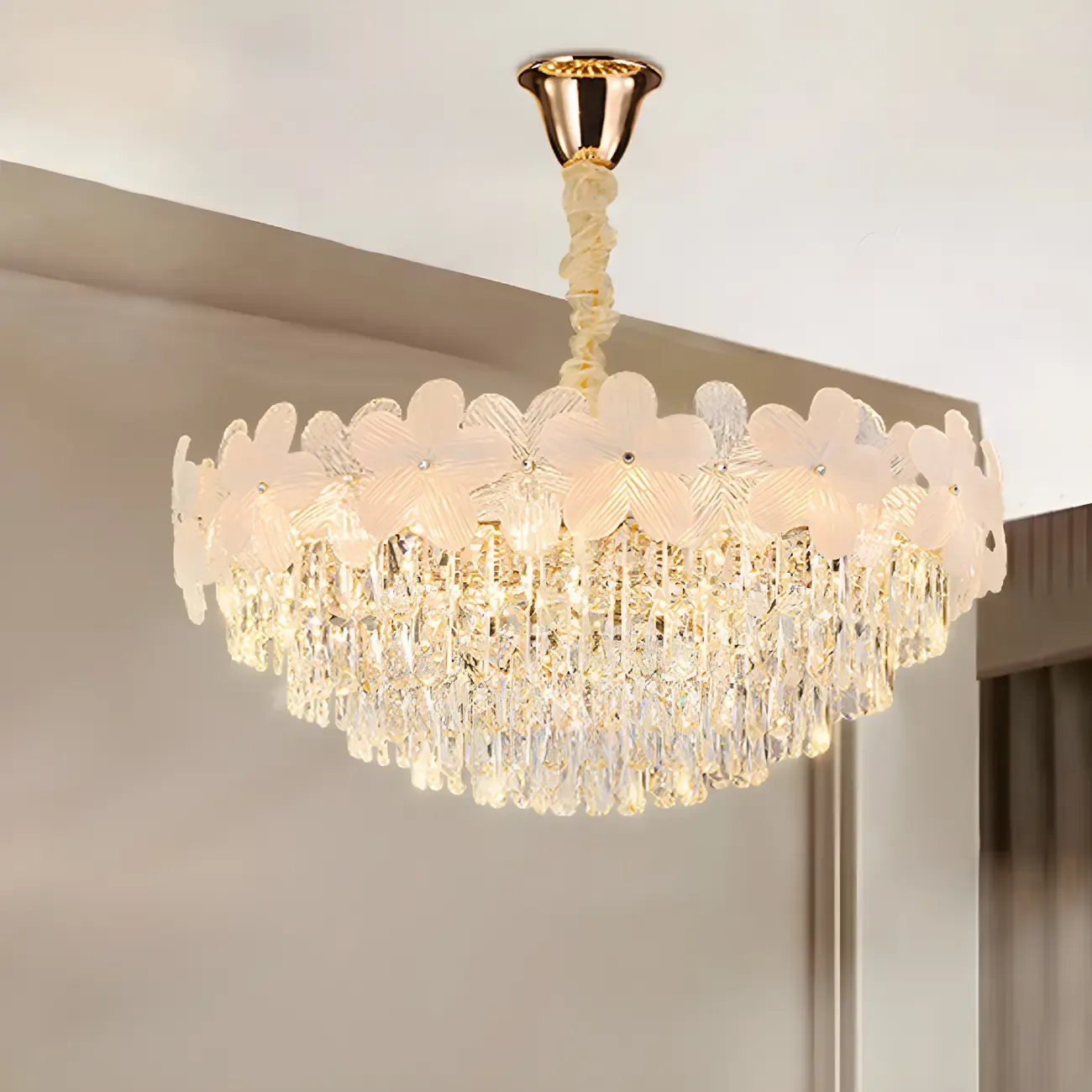 Golden Flower Crystal Chandelier Elegant LED for Living Room Image - 1
