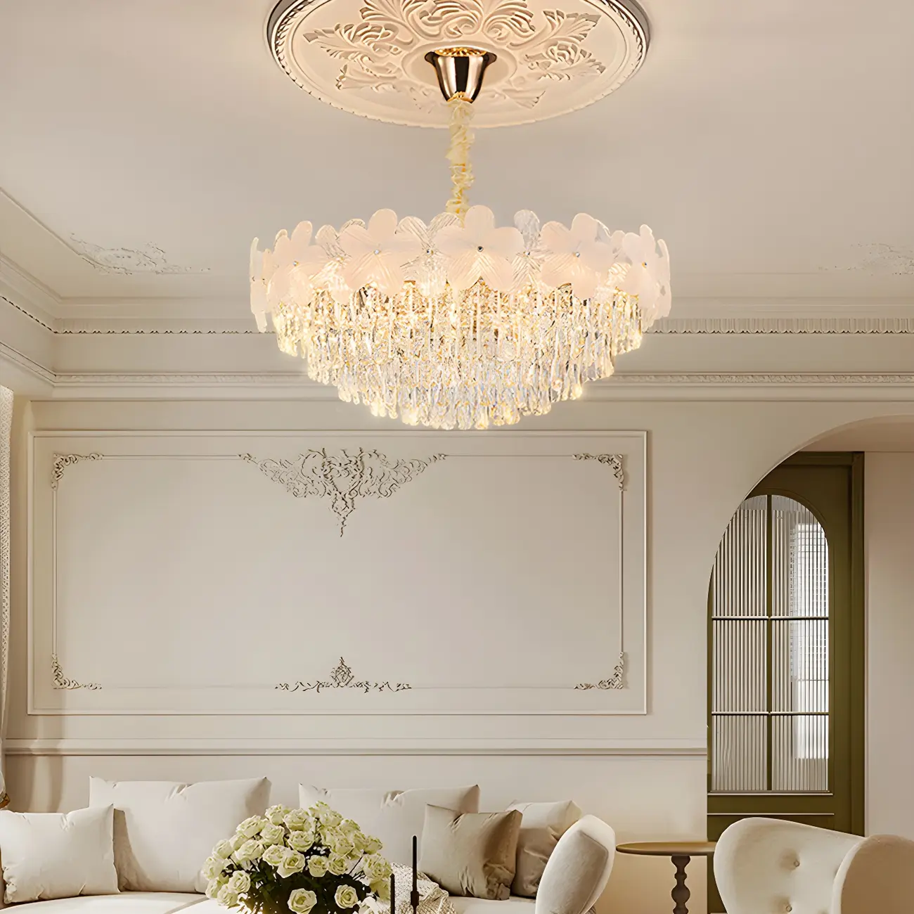 Golden Flower Crystal Chandelier Elegant LED for Living Room Image - 12 | homeyfad