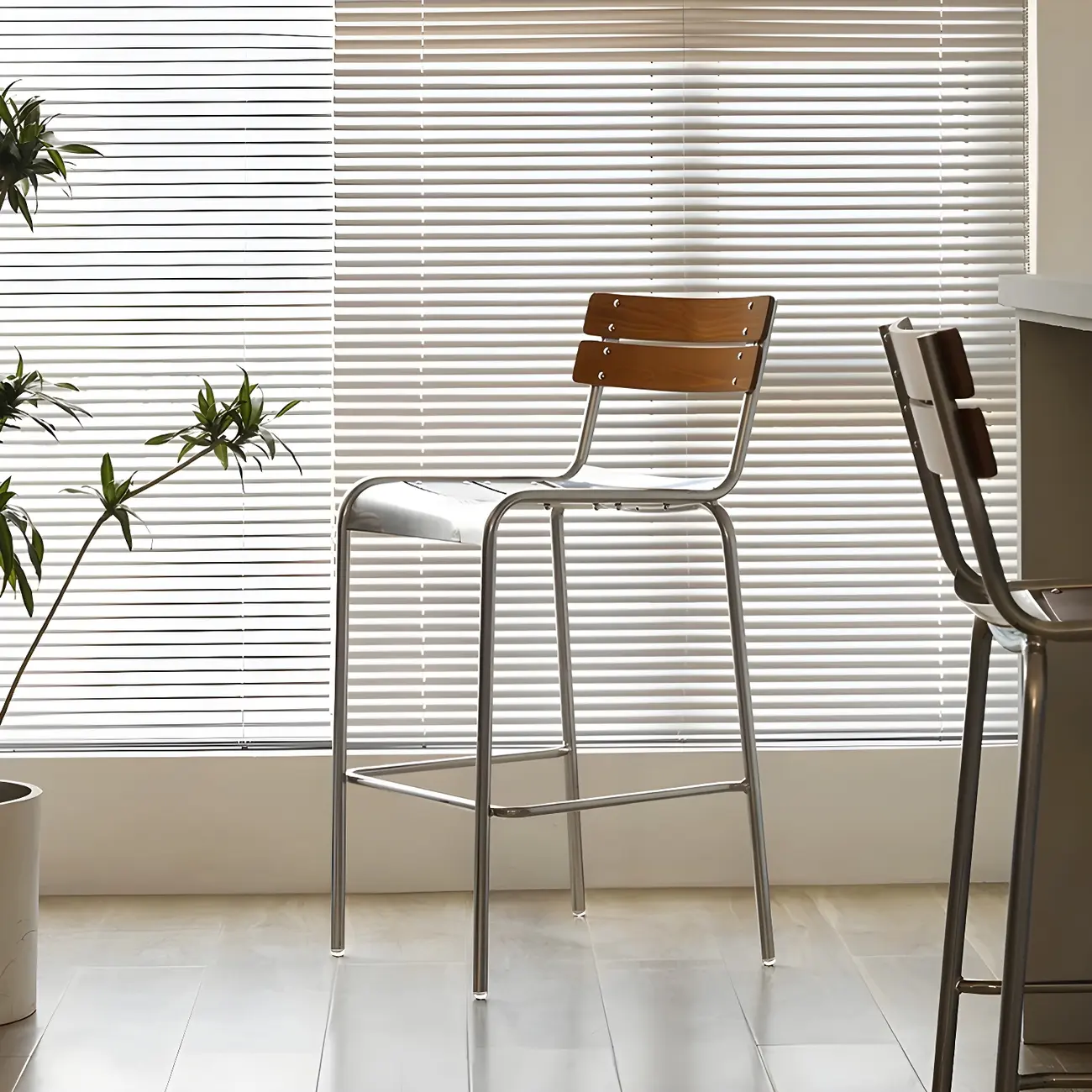 Modern Metal Frame Sleek Wood Back Stackable Bar Stool Image - 1 | homeyfad