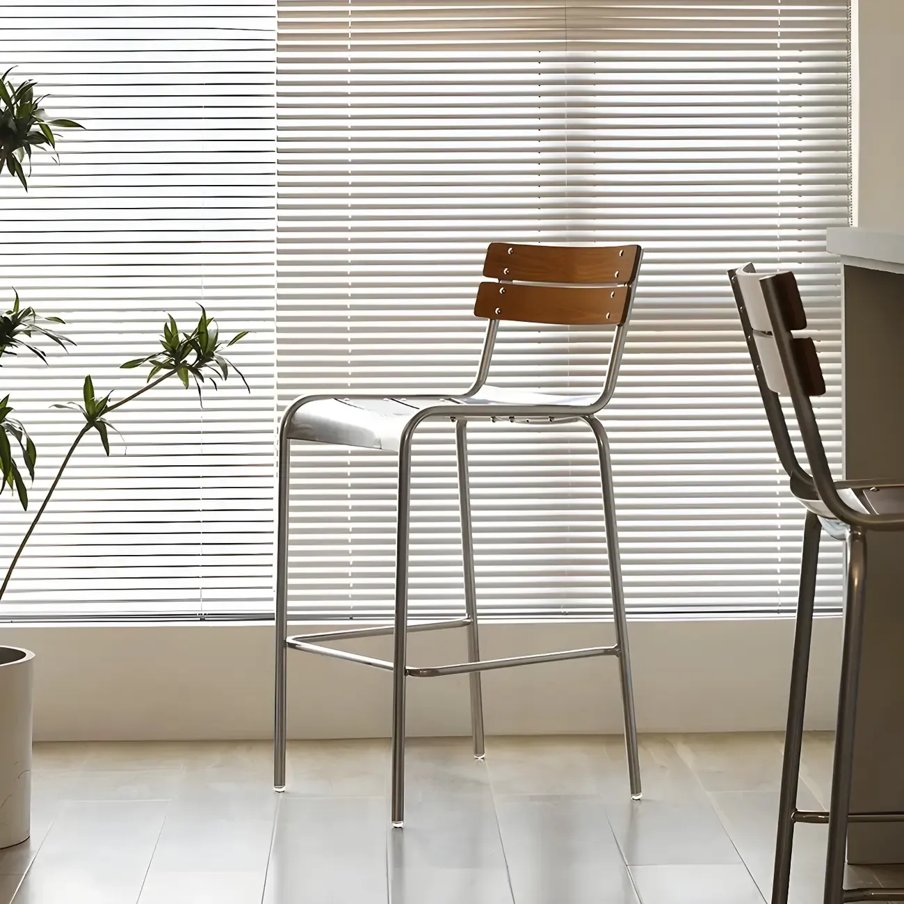 Modern Metal Frame Sleek Wood Back Stackable Bar Stool | HomeyFad