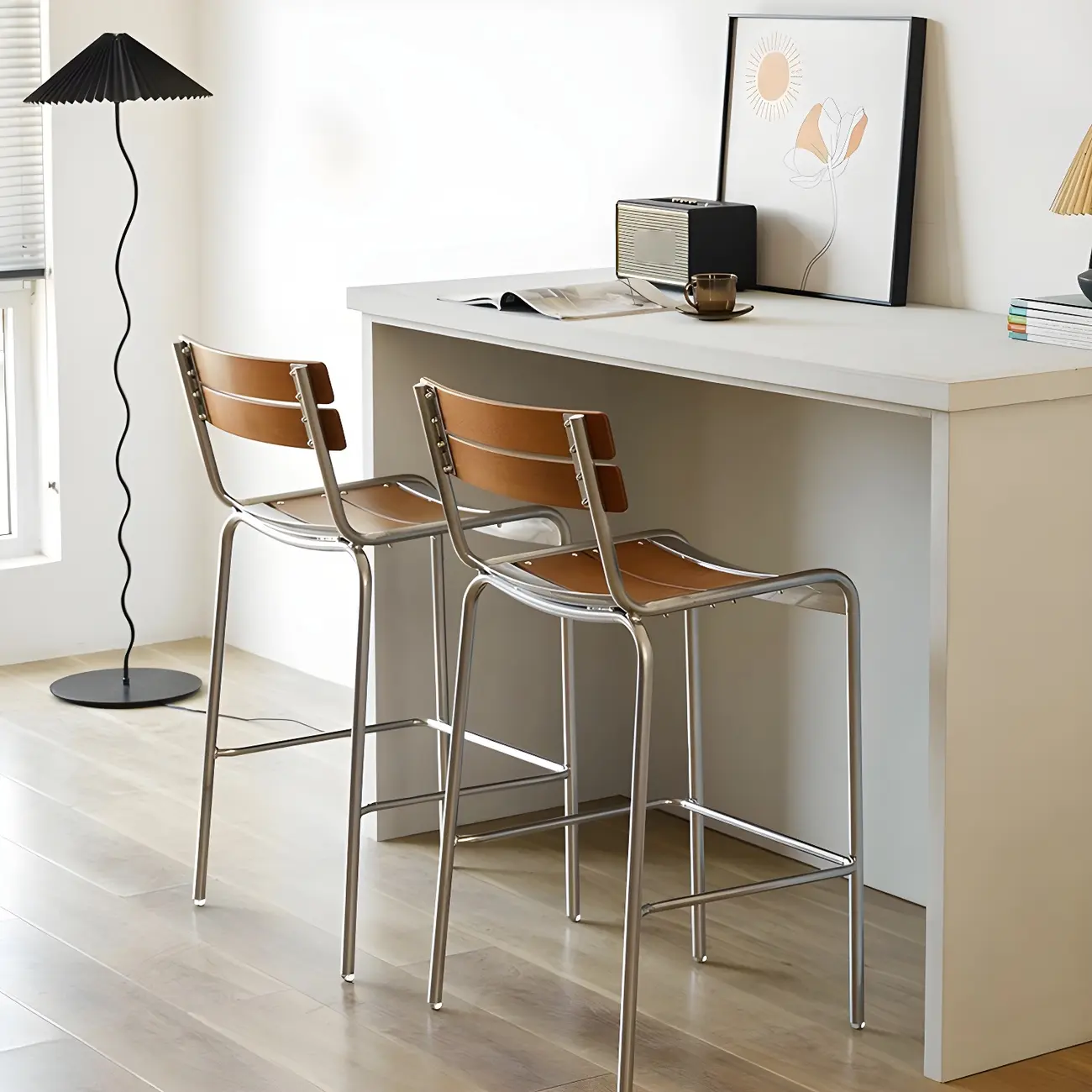 Modern Metal Frame Sleek Wood Back Stackable Bar Stool Image - 2 | homeyfad