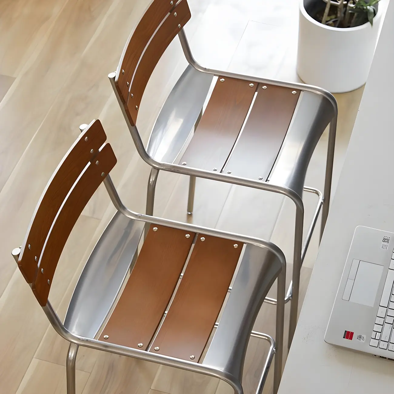 Modern Metal Frame Sleek Wood Back Stackable Bar Stool Image - 3 | homeyfad