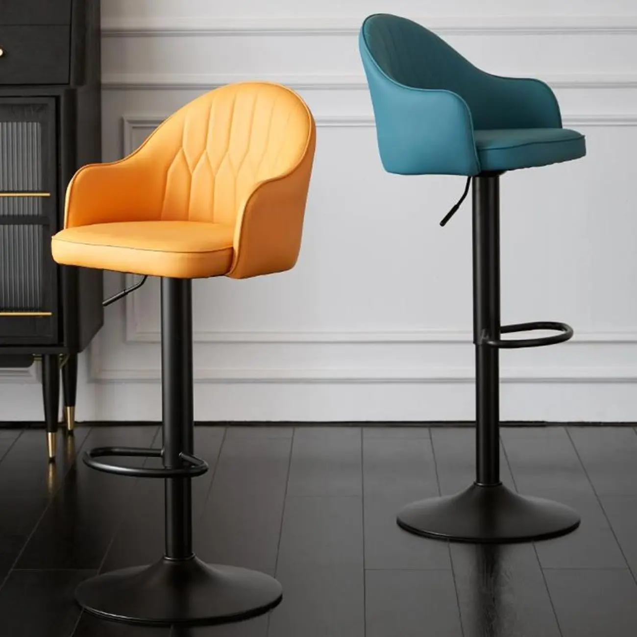 Swivel Upholstered Adjustable Height Home Armed Barstool with Metal Base | homeyfad